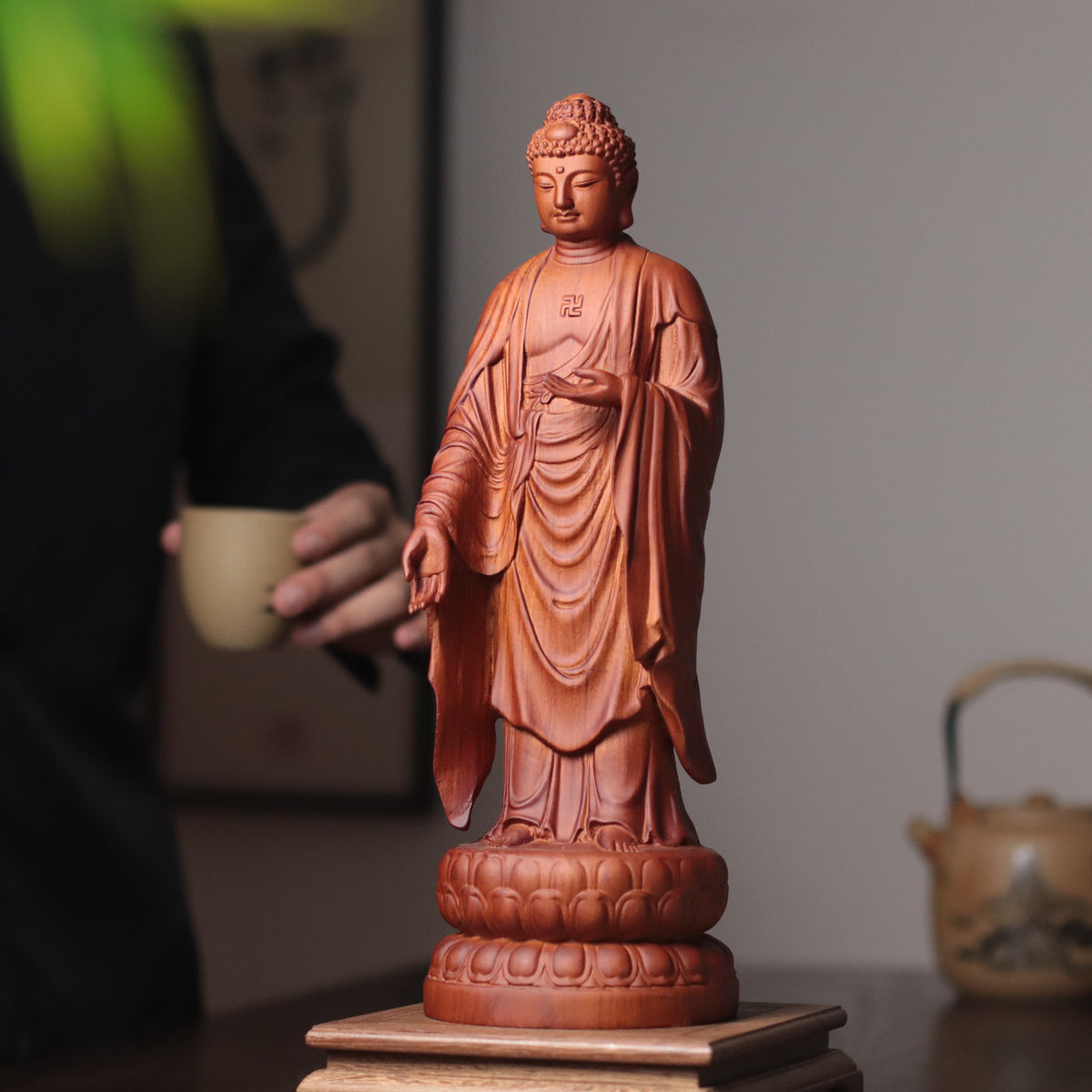 Amida Buddha Statue - Padauk Wood, Standing Lotus – additional view 6