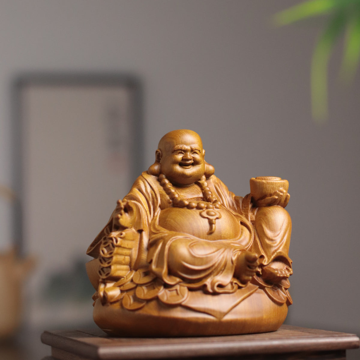 Maitreya Buddha Statue - Cypress Wood, Zen Desk Decor – additional view 6