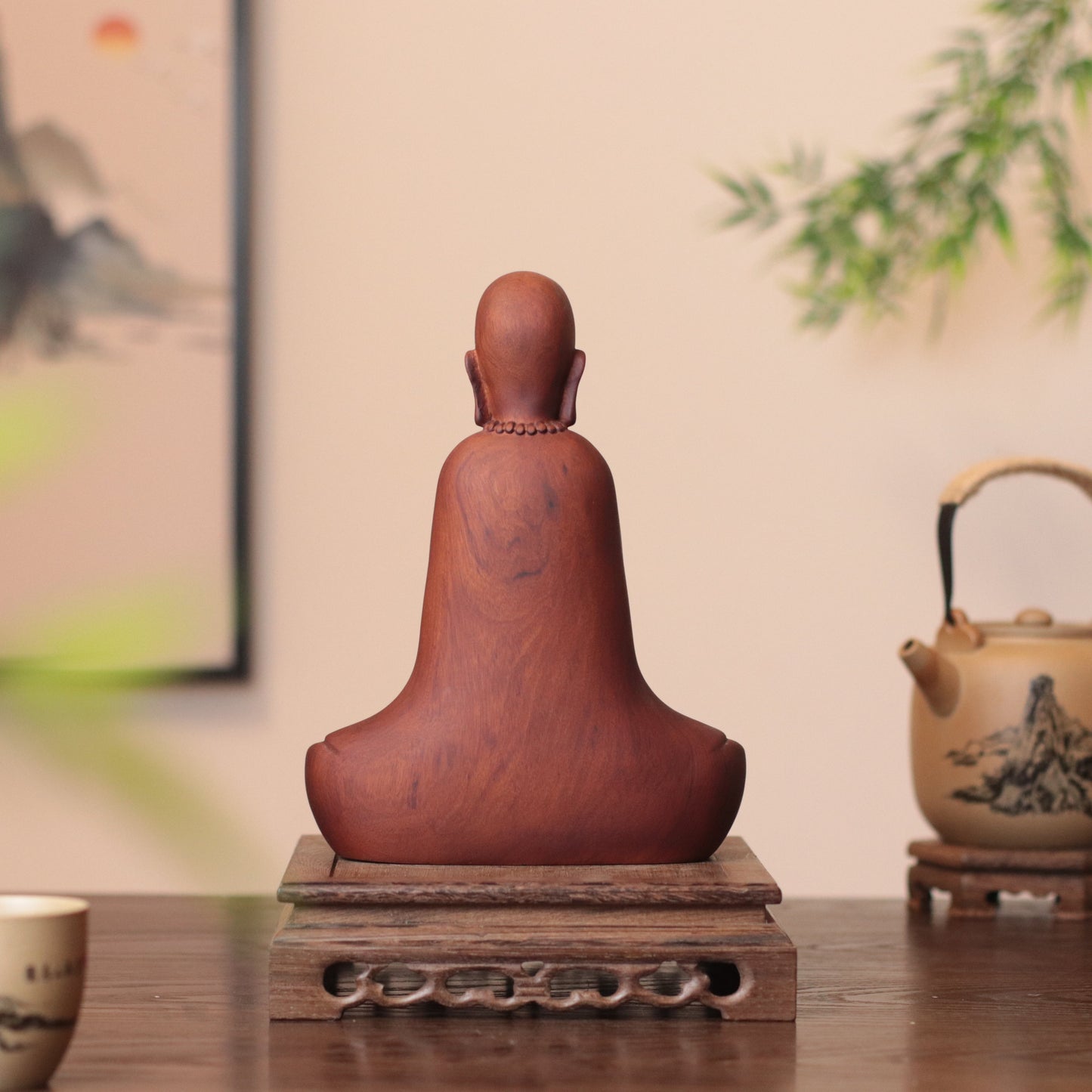 Hand Carved Wooden Zen Monk Statue, Serene Home Decor