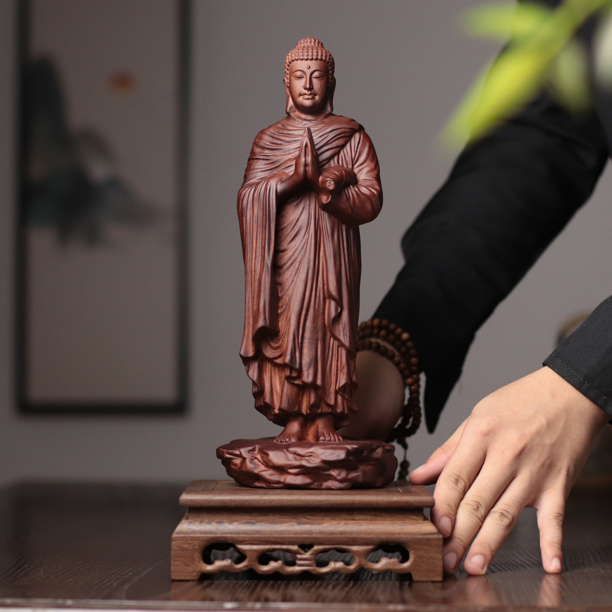 Standing Shakyamuni Buddha Statue - Kiaat Wood, 11.8-Inch – additional view 6
