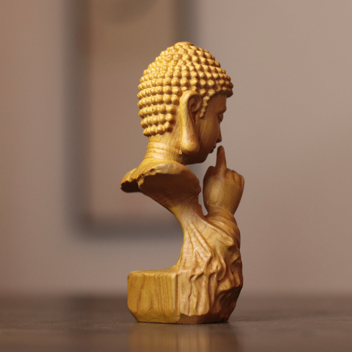 Silent Buddha Statue – Hand-Carved Wood Shh Buddha Bust