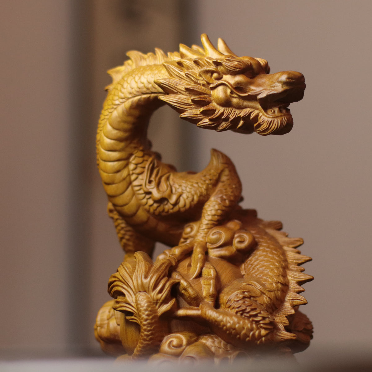 Feng Shui Dragon Statue – Hand-Carved Cypress Wood, Holding Pearl