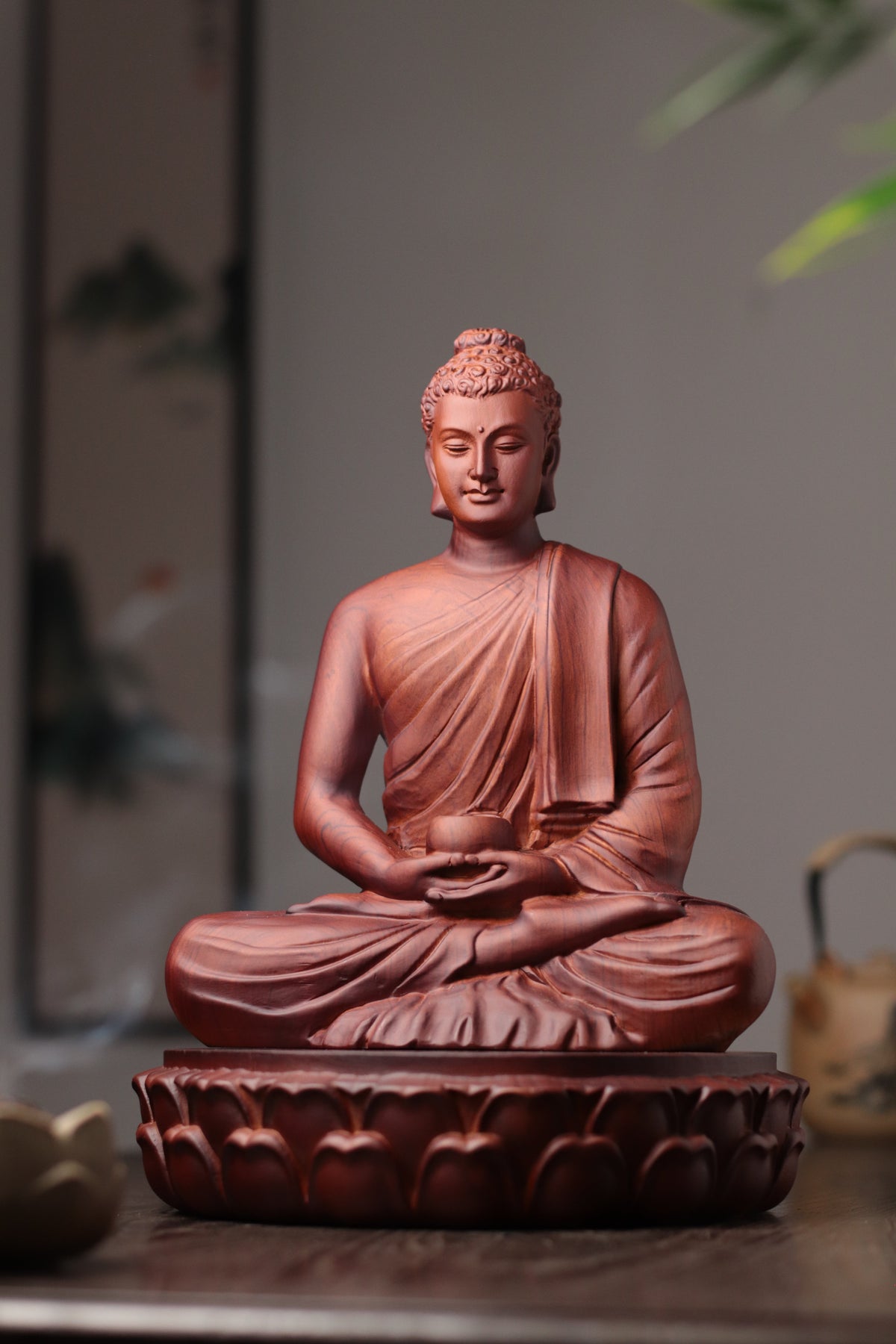 Wooden Buddha Statue — Hand-Carved Padauk Shakyamuni, Meaningful Gift, Buddhist Home Decor