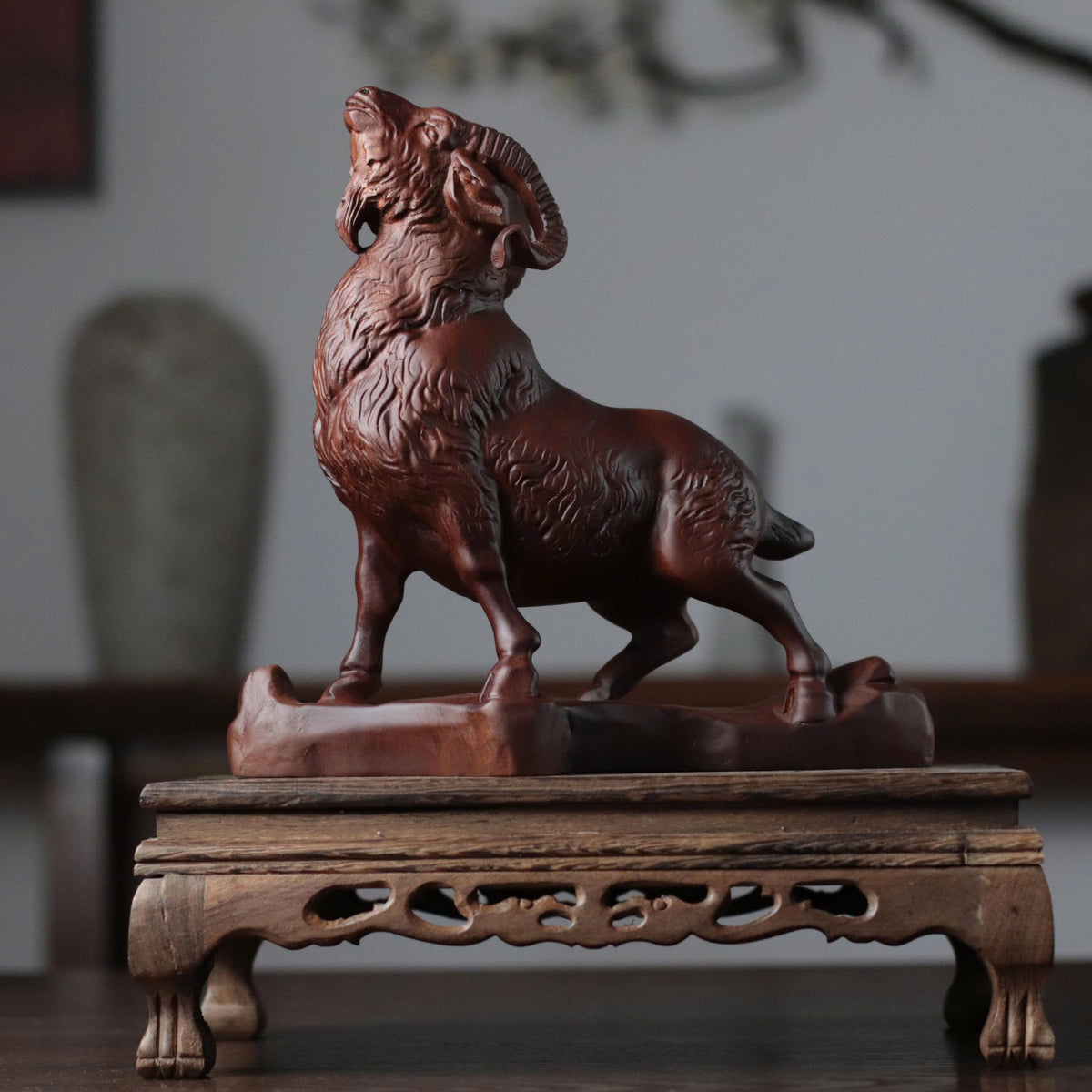 Hand Carved Goat on Rock Statue, Padauk Wood Year of the Goat Sculpture, Chinese Zodiac Feng Shui Decor, Lunar New Year 2027 Gift