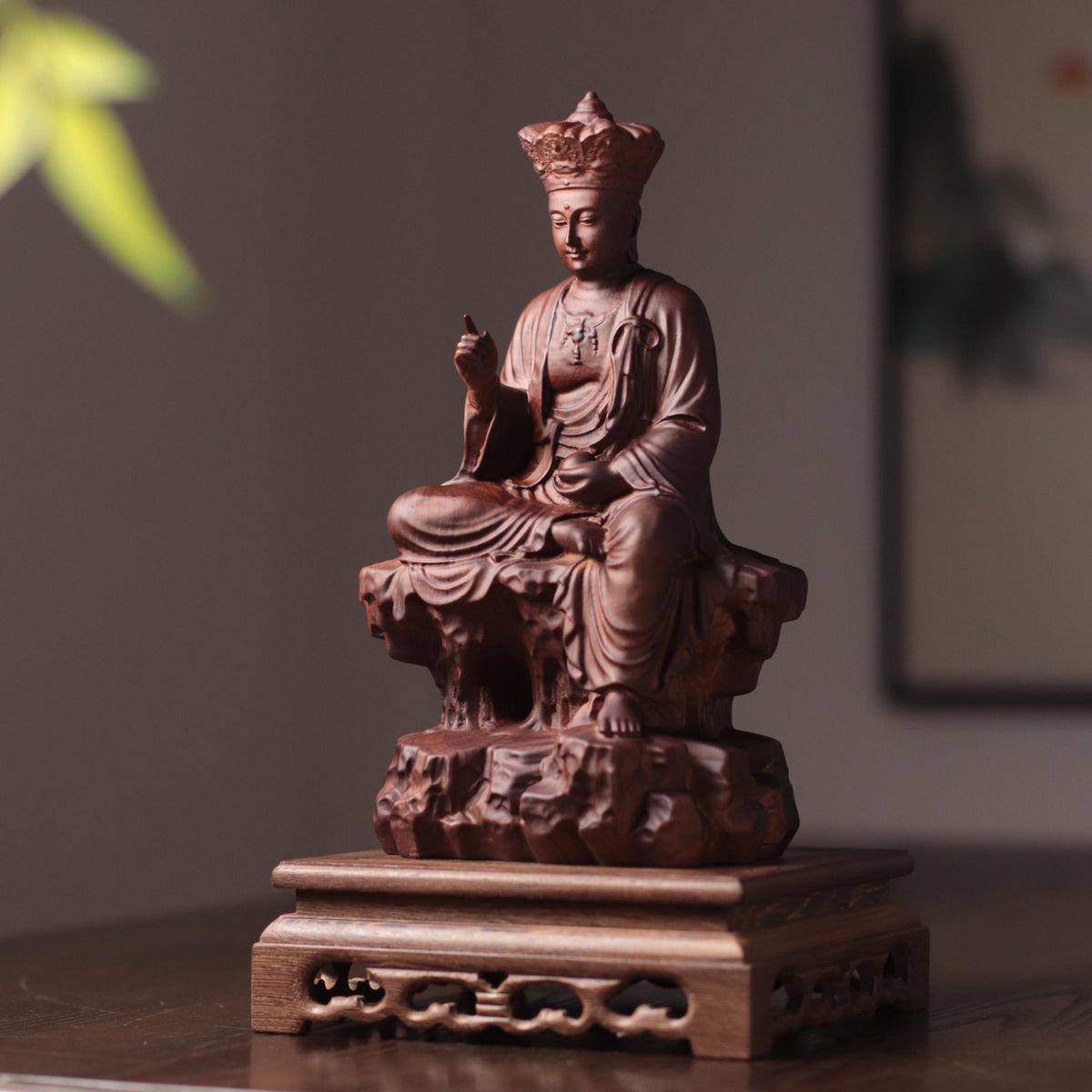 Seated Ksitigarbha Statue - Padauk, on Natural Rock – additional view 10