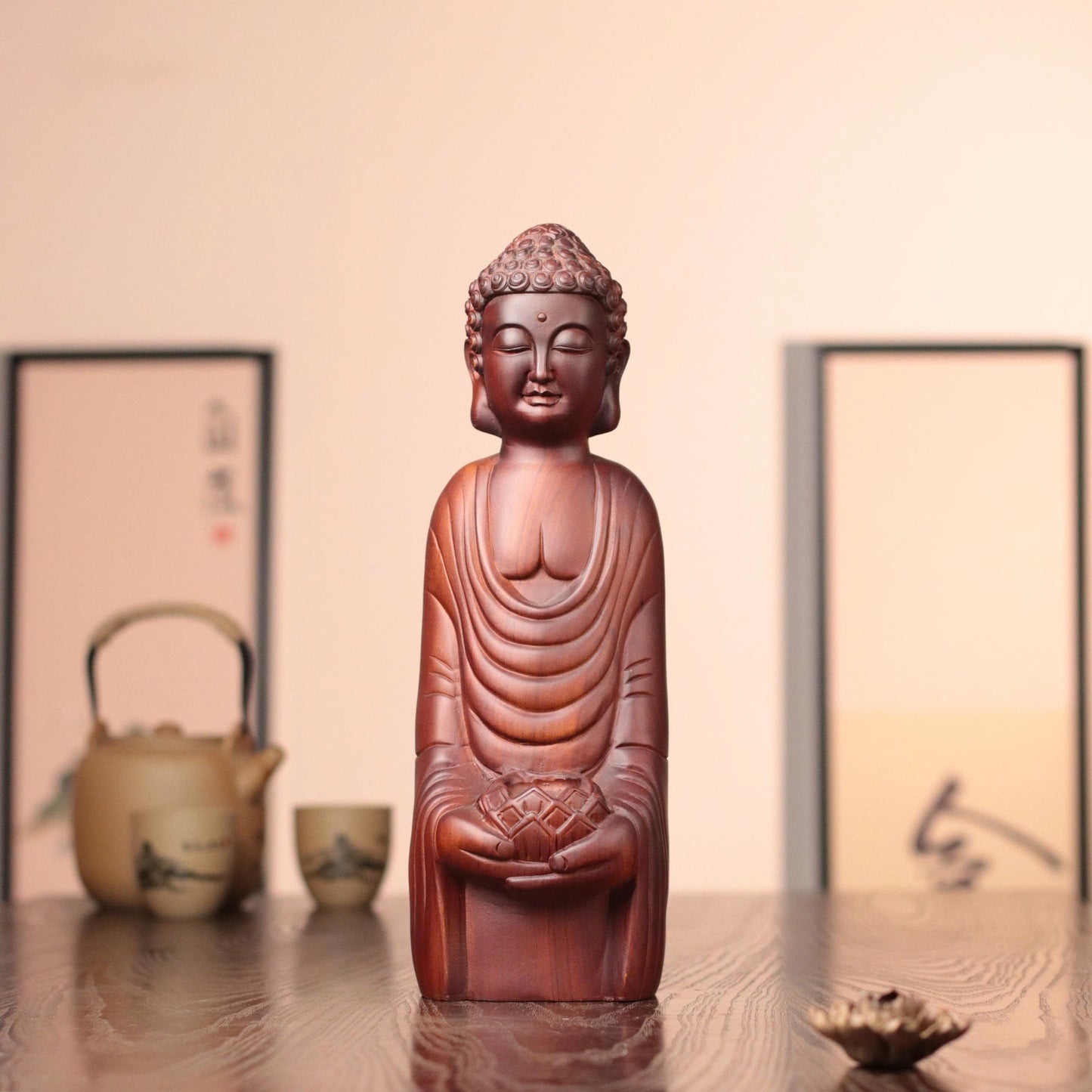 Abstract Shakyamuni Buddha Statue, Wooden Padmasana Buddha