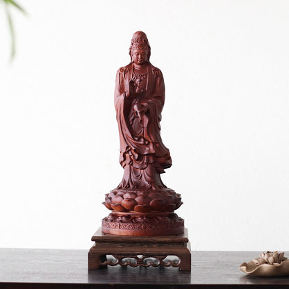 Large Guan Yin Statue - Red Padauk Wood, 14-Inch