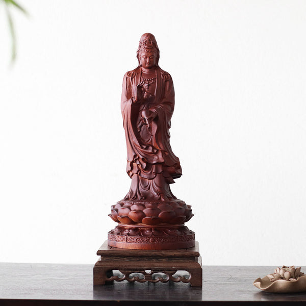 Large Guan Yin Statue - Red Padauk Wood, 14-Inch