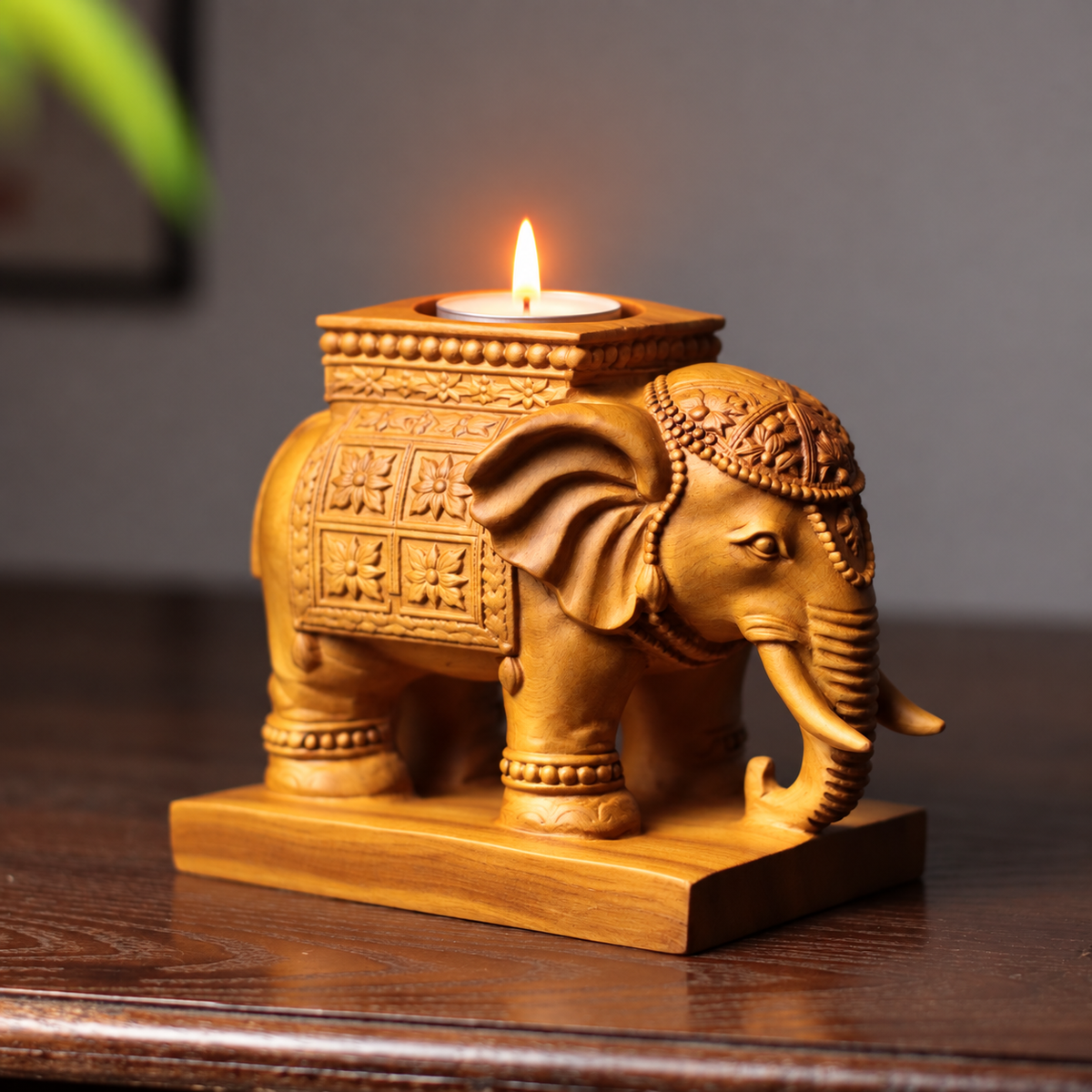 Elephant Tea Light Holder - Cypress Wood, Candle Holder