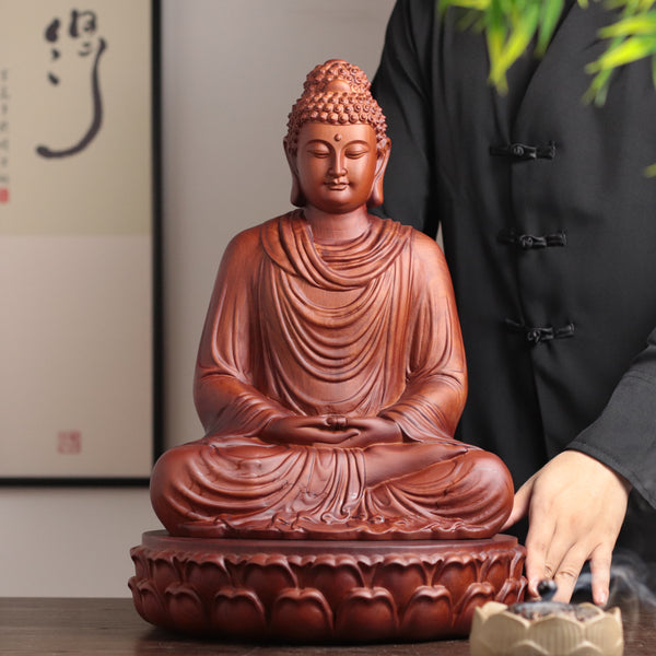Amitabha Buddha Statue - Padauk Wood, Large, Lotus Base