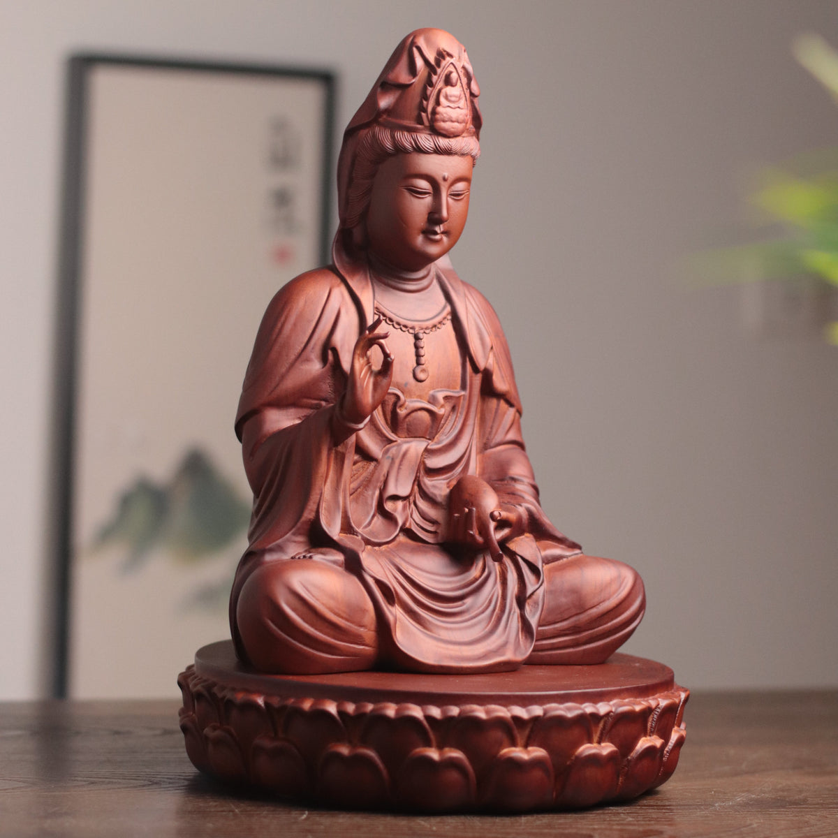 Hand-Carved Guan Yin Bodhisattva — Solid Wood Goddess of Compassion Statue, Meaningful Gift