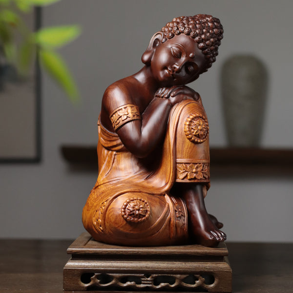 Sleeping Buddha Statue - Two-Tone Padauk Wood, 30cm