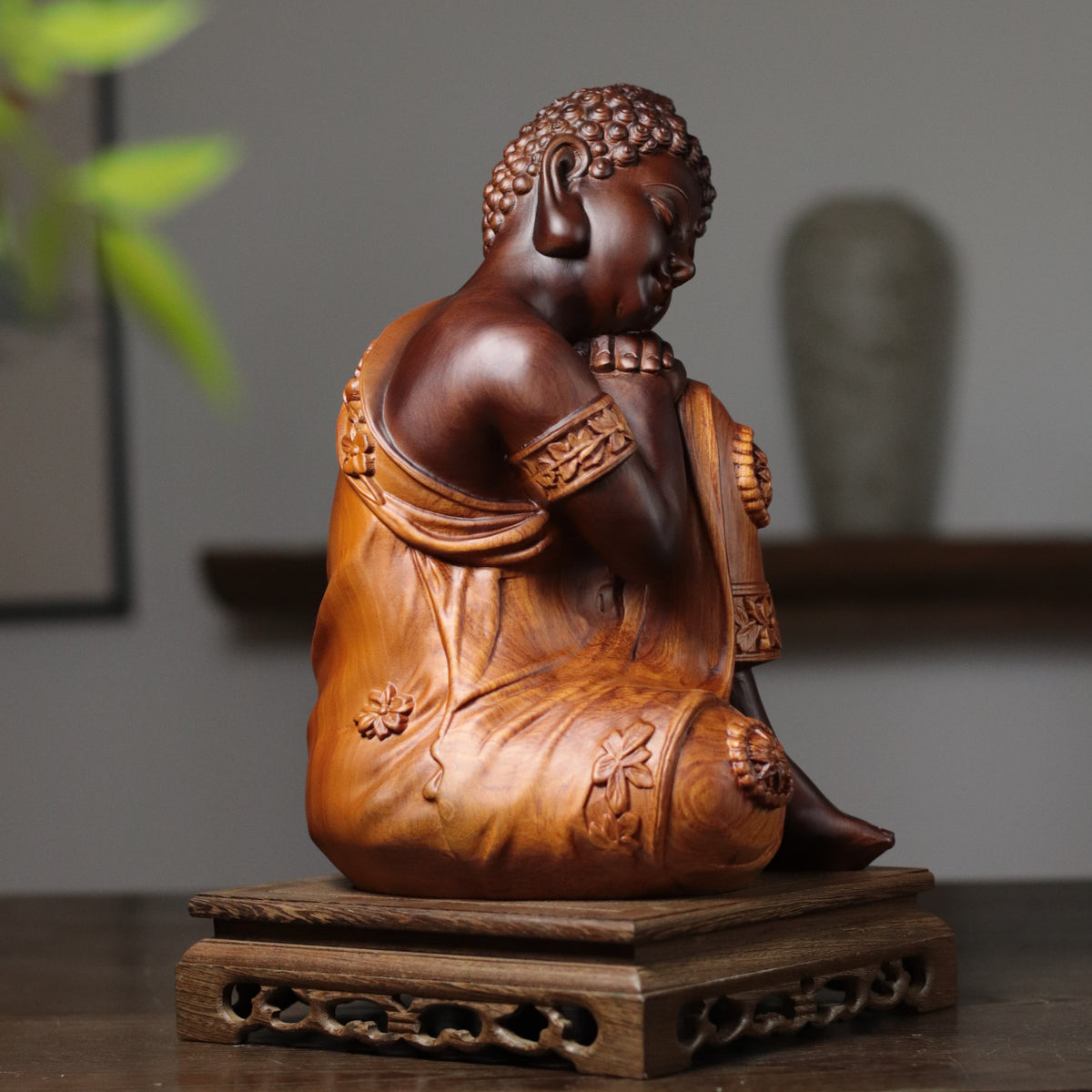 Sleeping Buddha Statue - Two-Tone Padauk Wood, 30cm