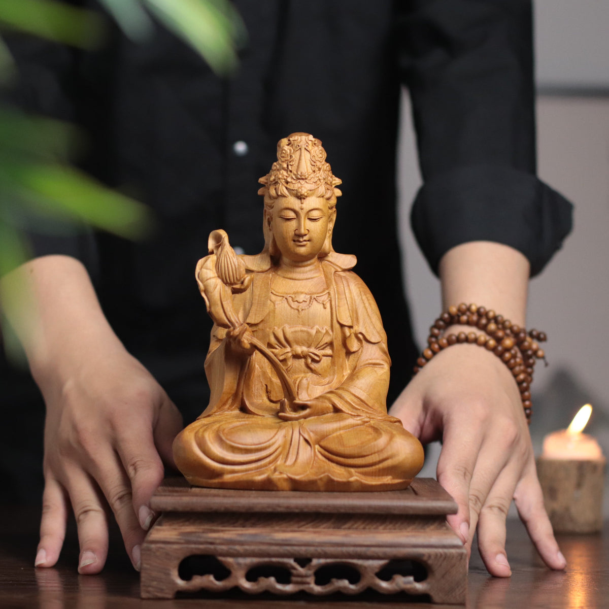 Hand Carved Cypress Mahasthamaprapta Bodhisatva Statue