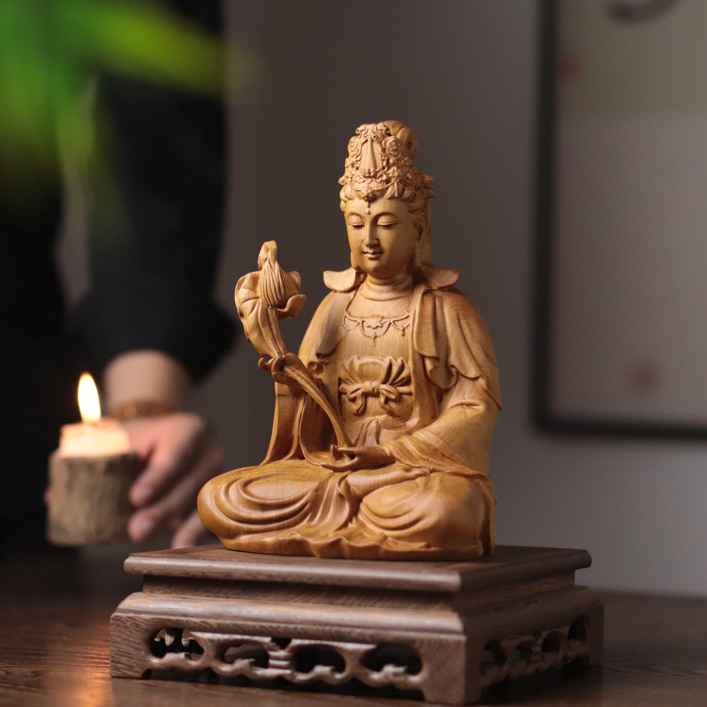 Hand Carved Cypress Mahasthamaprapta Bodhisatva Statue