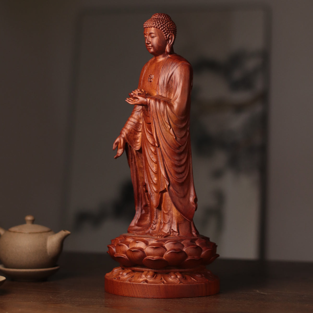 Amida Buddha Statue - Forward-Leaning Raigo, Padauk – additional view 2