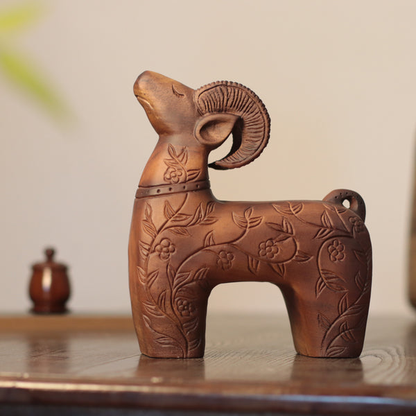 Wooden Ram Sculpture – Floral Carved Folk Art