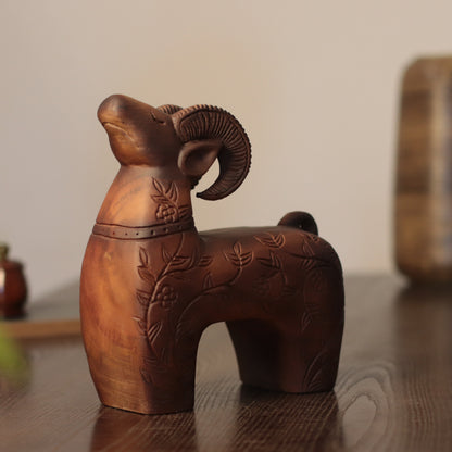 Wooden Ram Sculpture – Floral Carved Folk Art