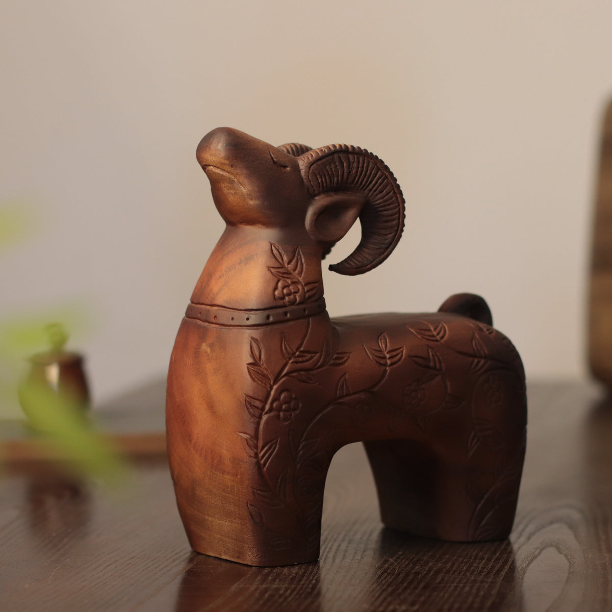 Wooden Ram Sculpture – Floral Carved Folk Art