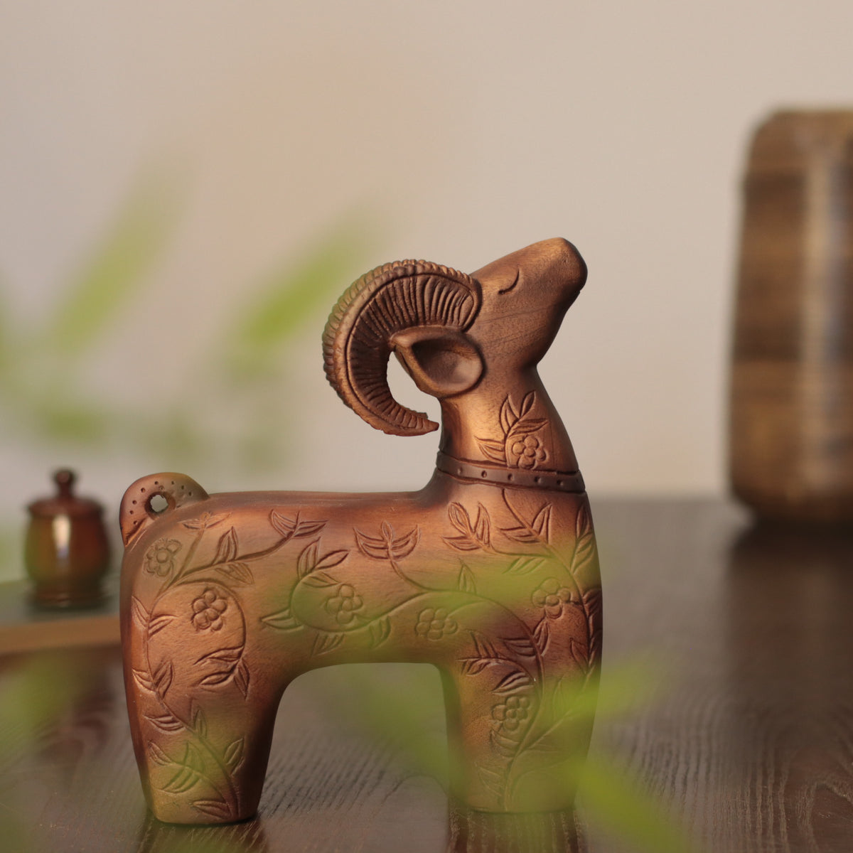 Wooden Ram Sculpture – Floral Carved Folk Art