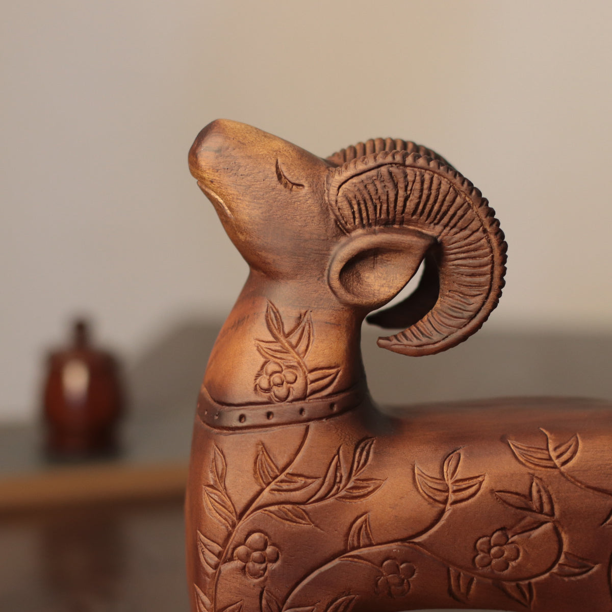Wooden Ram Sculpture – Floral Carved Folk Art