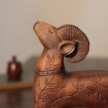 Wooden Ram Sculpture – Floral Carved Folk Art