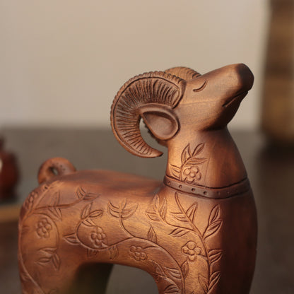 Wooden Ram Sculpture – Floral Carved Folk Art