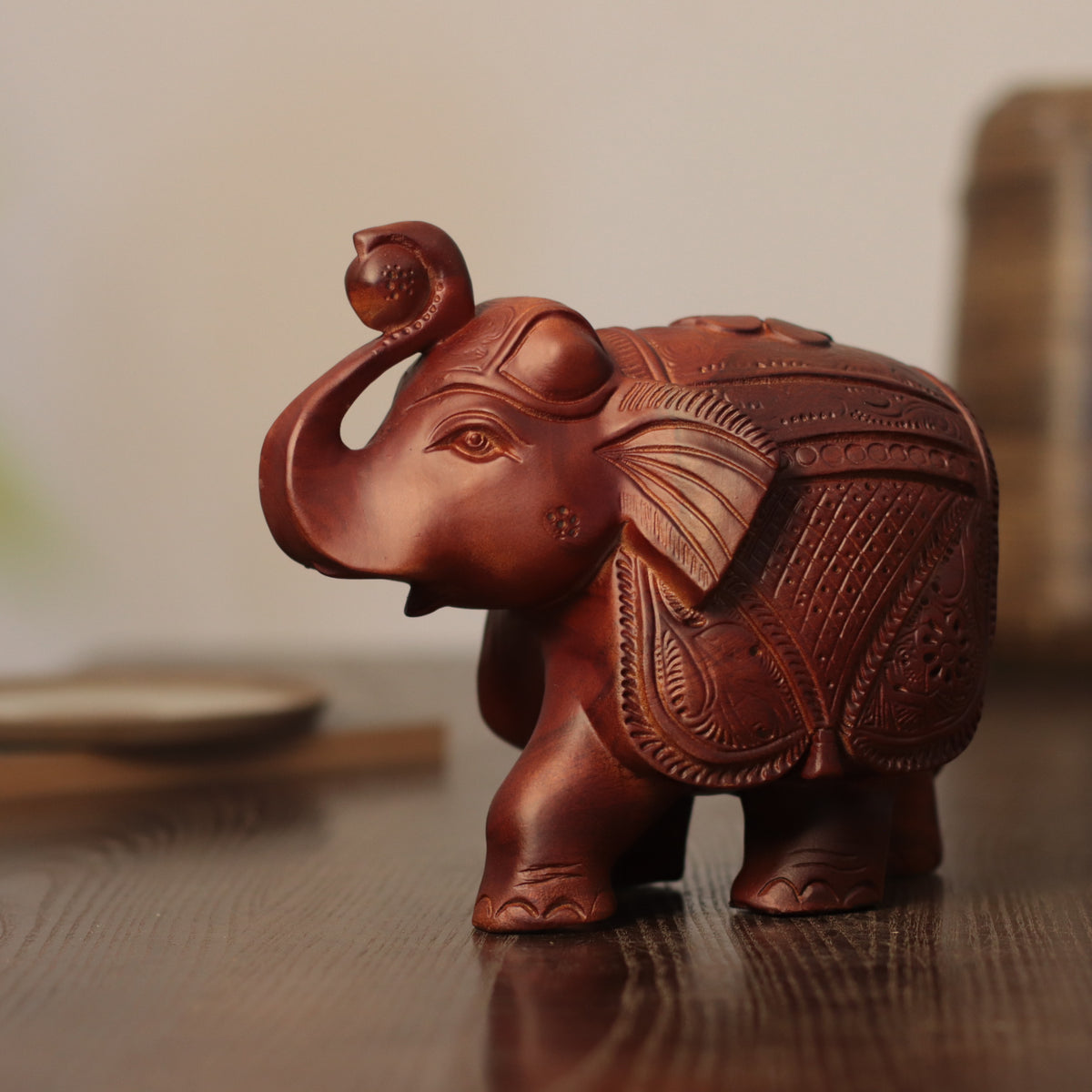 Wooden Elephant Sculpture – Raised Trunk, Indian-Style