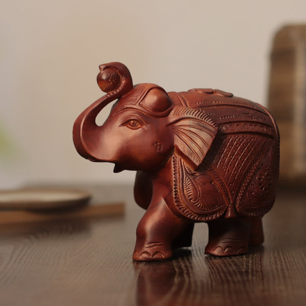 Wooden Elephant Sculpture – Raised Trunk, Indian-Style