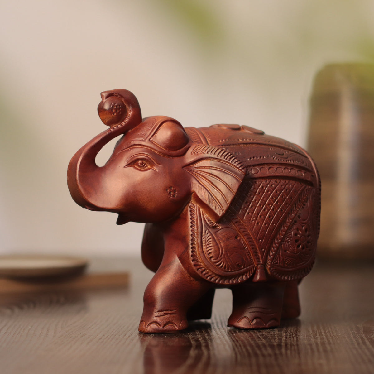 Wooden Elephant Sculpture – Raised Trunk, Indian-Style