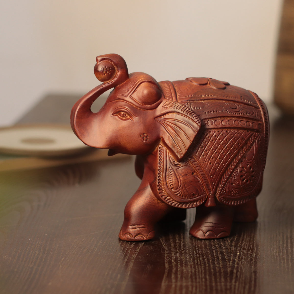 Wooden Elephant Sculpture – Raised Trunk, Indian-Style