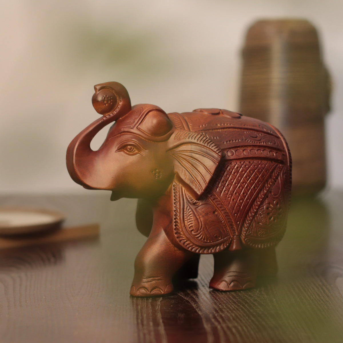Wooden Elephant Sculpture – Raised Trunk, Indian-Style