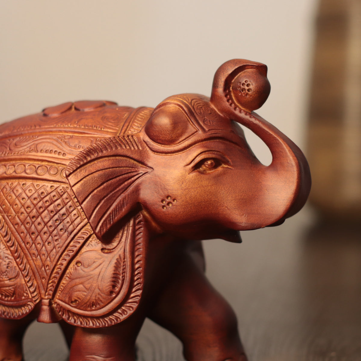 Wooden Elephant Sculpture – Raised Trunk, Indian-Style