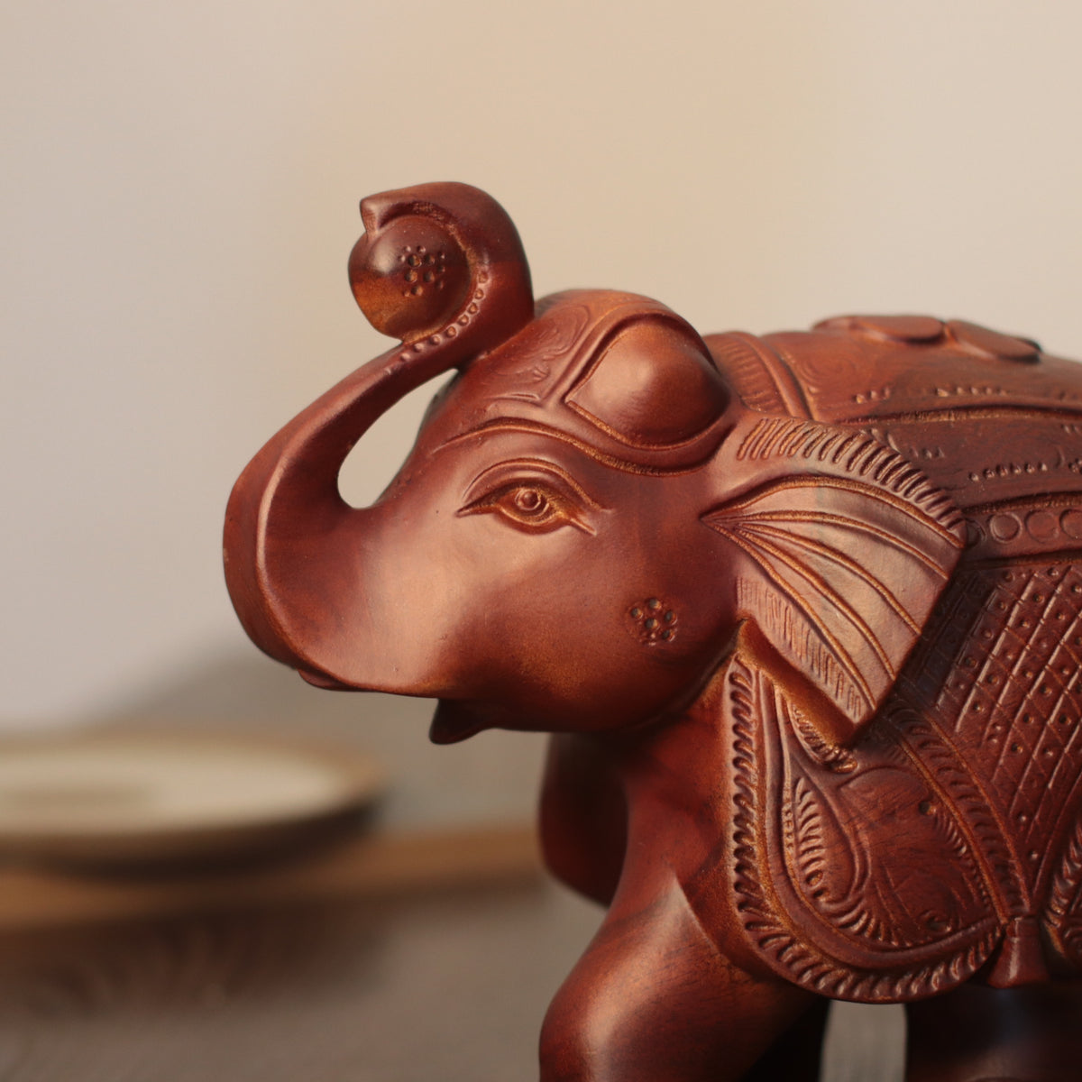 Wooden Elephant Sculpture – Raised Trunk, Indian-Style