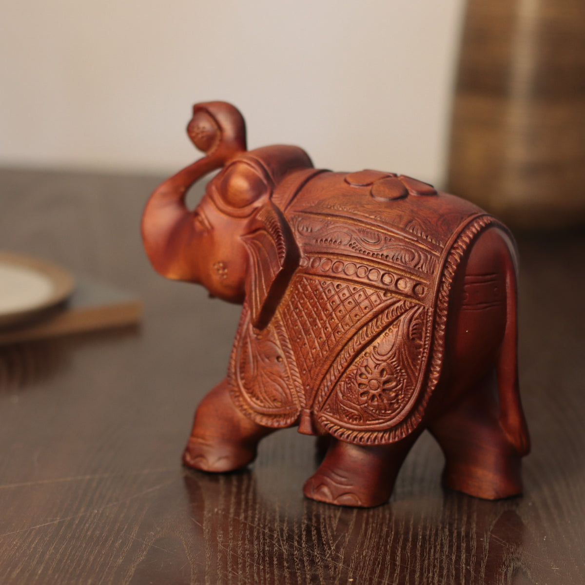 Wooden Elephant Sculpture – Raised Trunk, Indian-Style