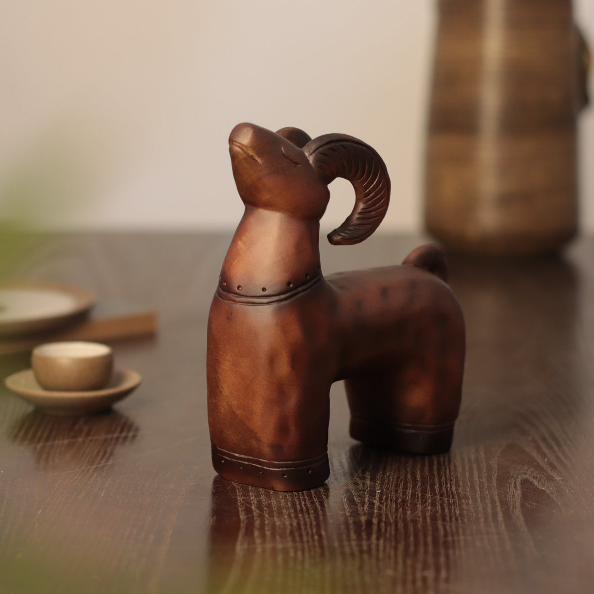 Wooden Ram Sculpture – Curled Horns, Minimalist Folk Art