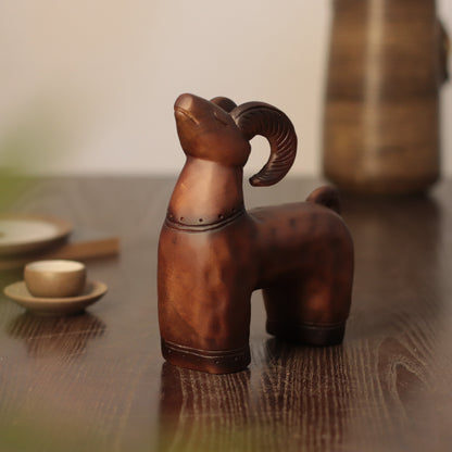 Wooden Ram Sculpture – Curled Horns, Minimalist Folk Art