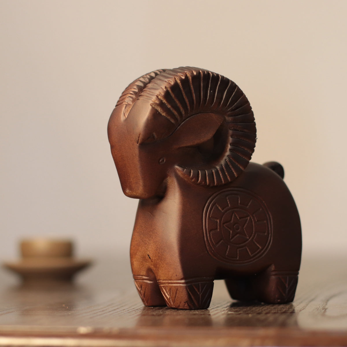 Wooden Ram Sculpture – Geometric Hand-Carved Folk Art