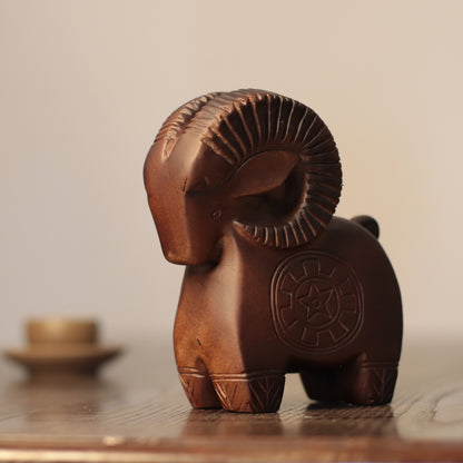 Wooden Ram Sculpture – Geometric Hand-Carved Folk Art
