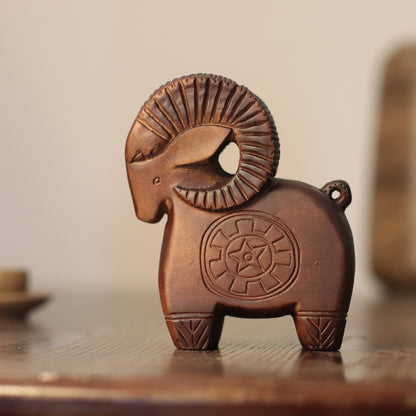 Wooden Ram Sculpture – Geometric Hand-Carved Folk Art