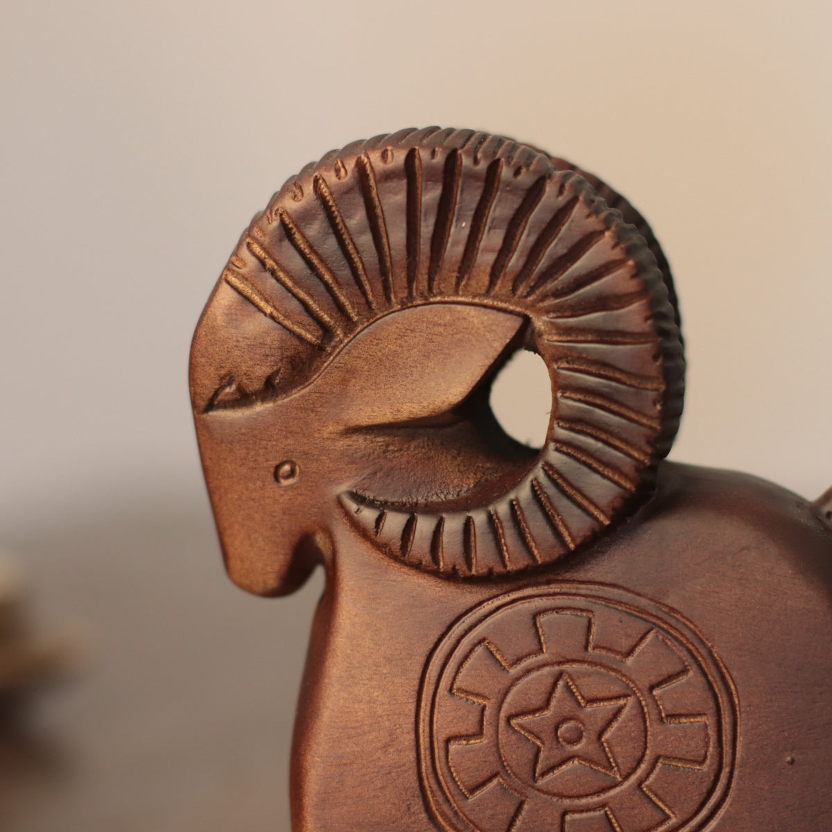 Wooden Ram Sculpture – Geometric Hand-Carved Folk Art