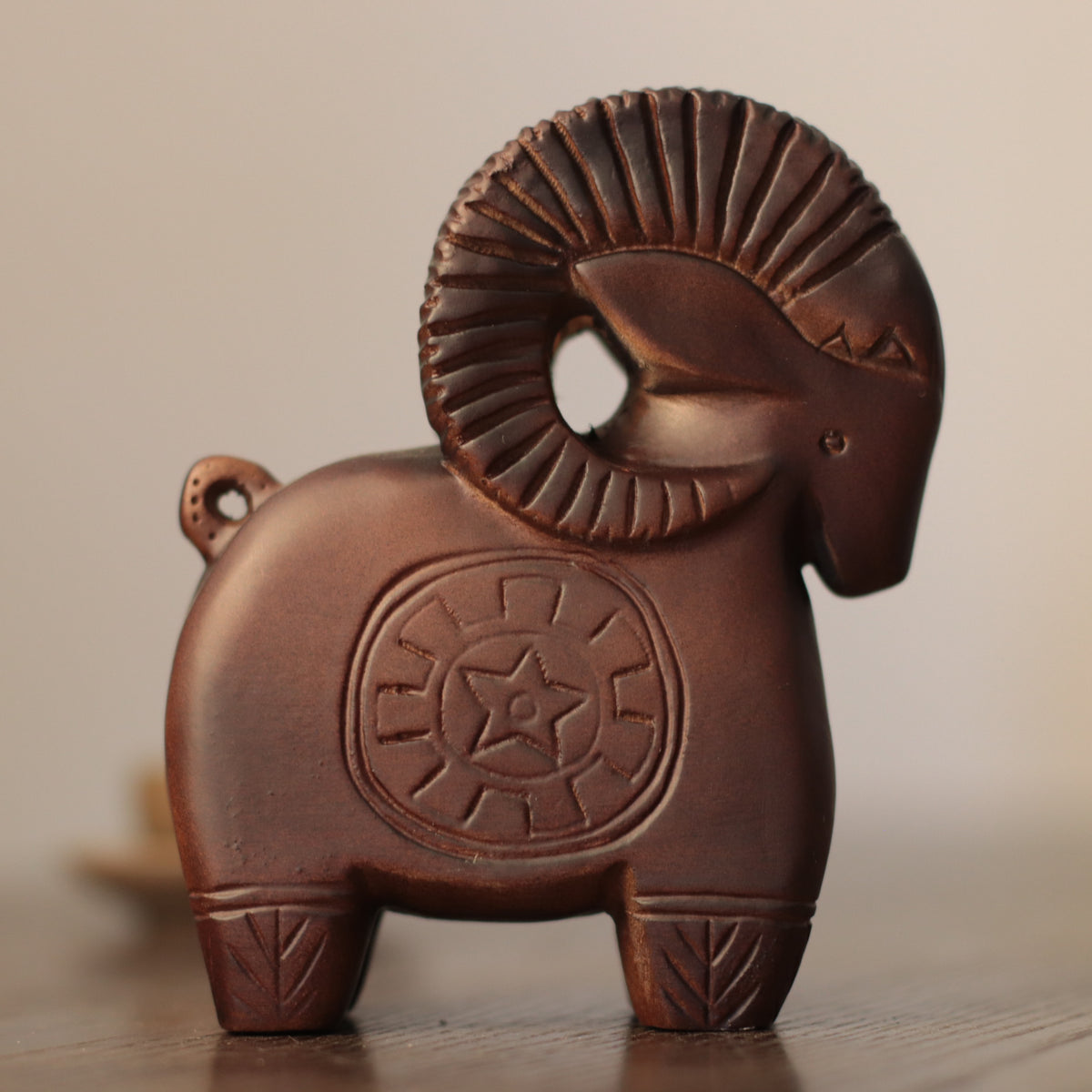 Wooden Ram Sculpture – Geometric Hand-Carved Folk Art