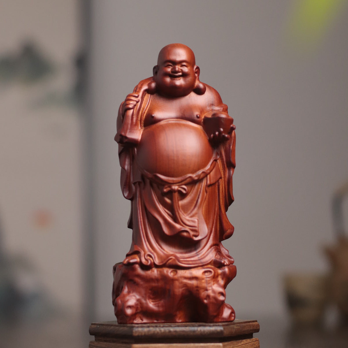 Maitreya Buddha Statue - Padauk, Standing Money Bag