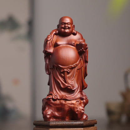 Maitreya Buddha Statue - Padauk, Standing Money Bag