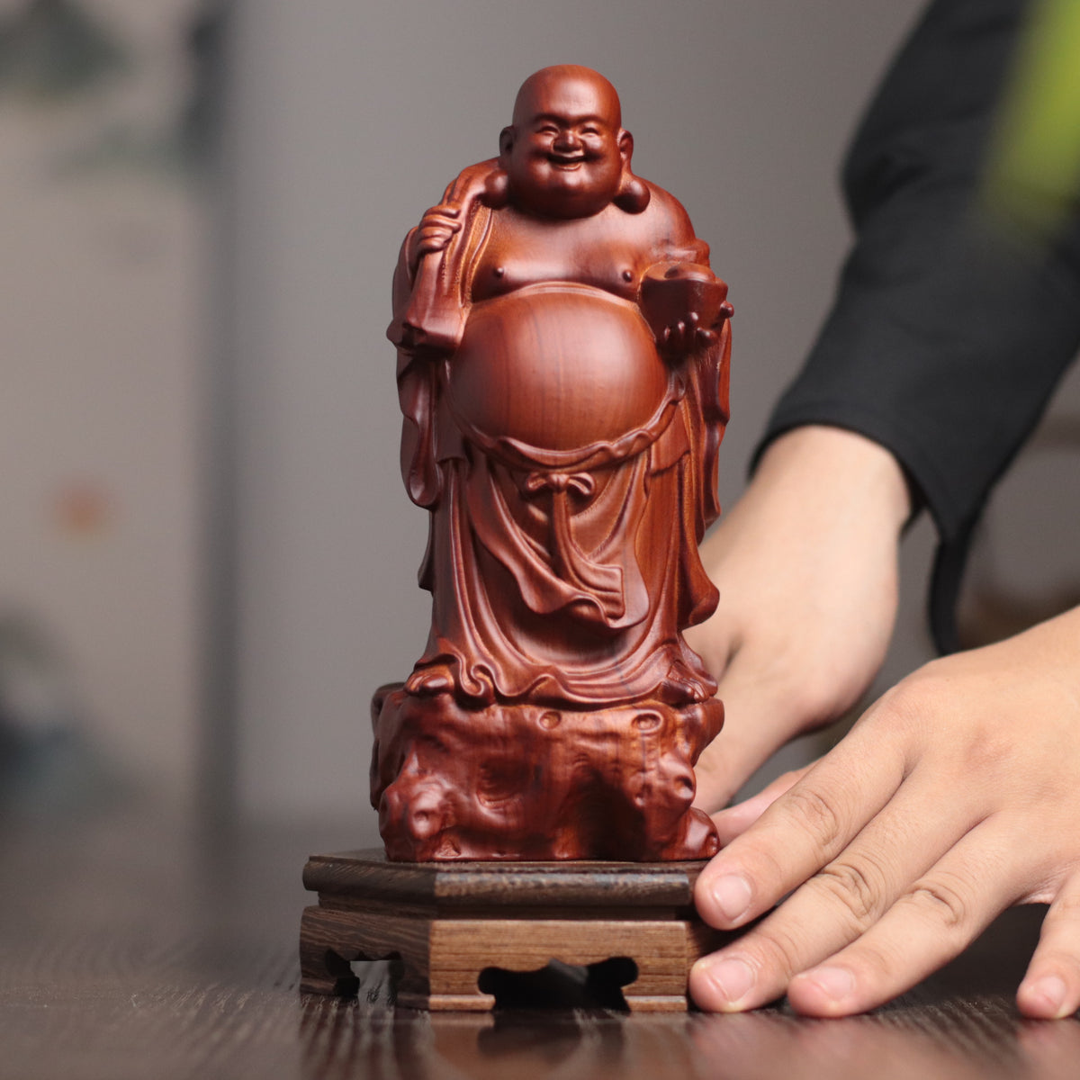 Maitreya Buddha Statue - Padauk, Standing Money Bag – additional view 3