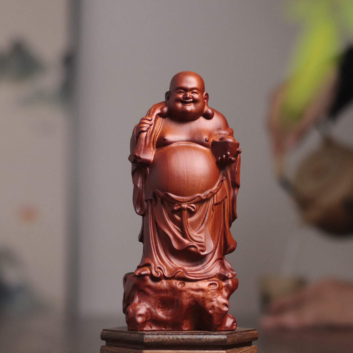 Maitreya Buddha Statue - Padauk, Standing Money Bag – additional view 5