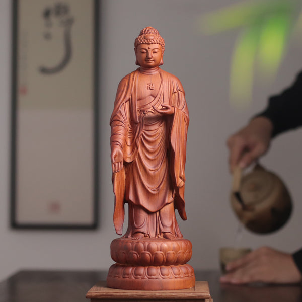 Amida Buddha Statue - Padauk Wood, Standing Lotus