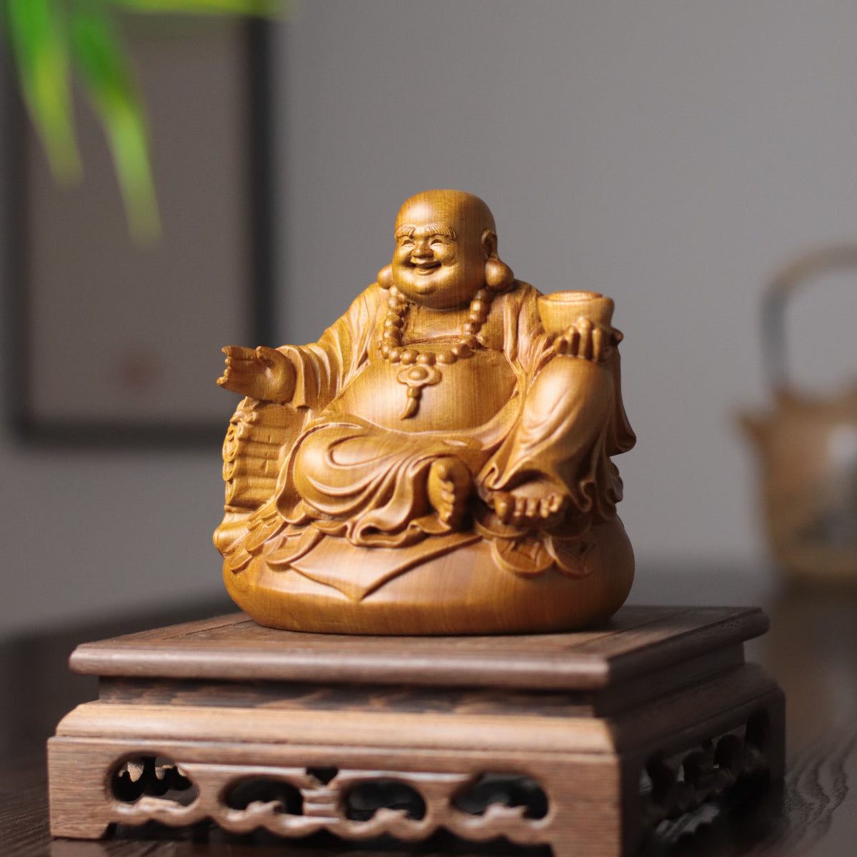 Maitreya Buddha Statue - Cypress Wood, Zen Desk Decor