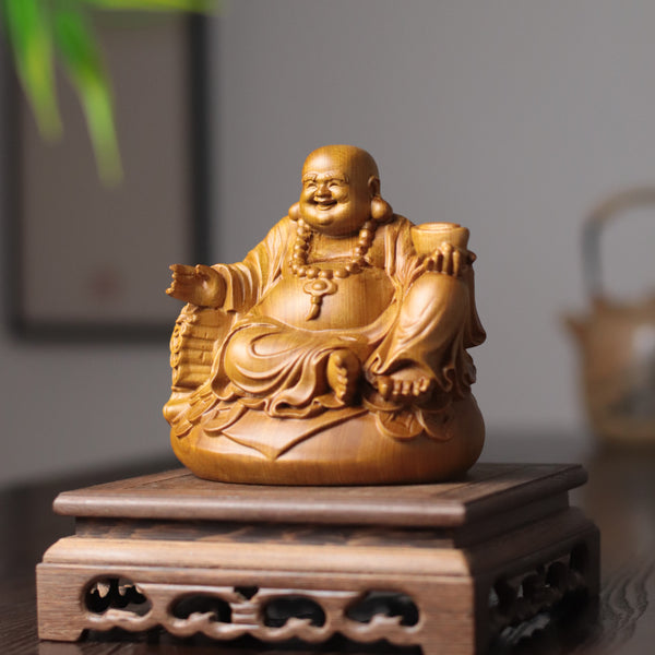 Maitreya Buddha Statue - Cypress Wood, Zen Desk Decor