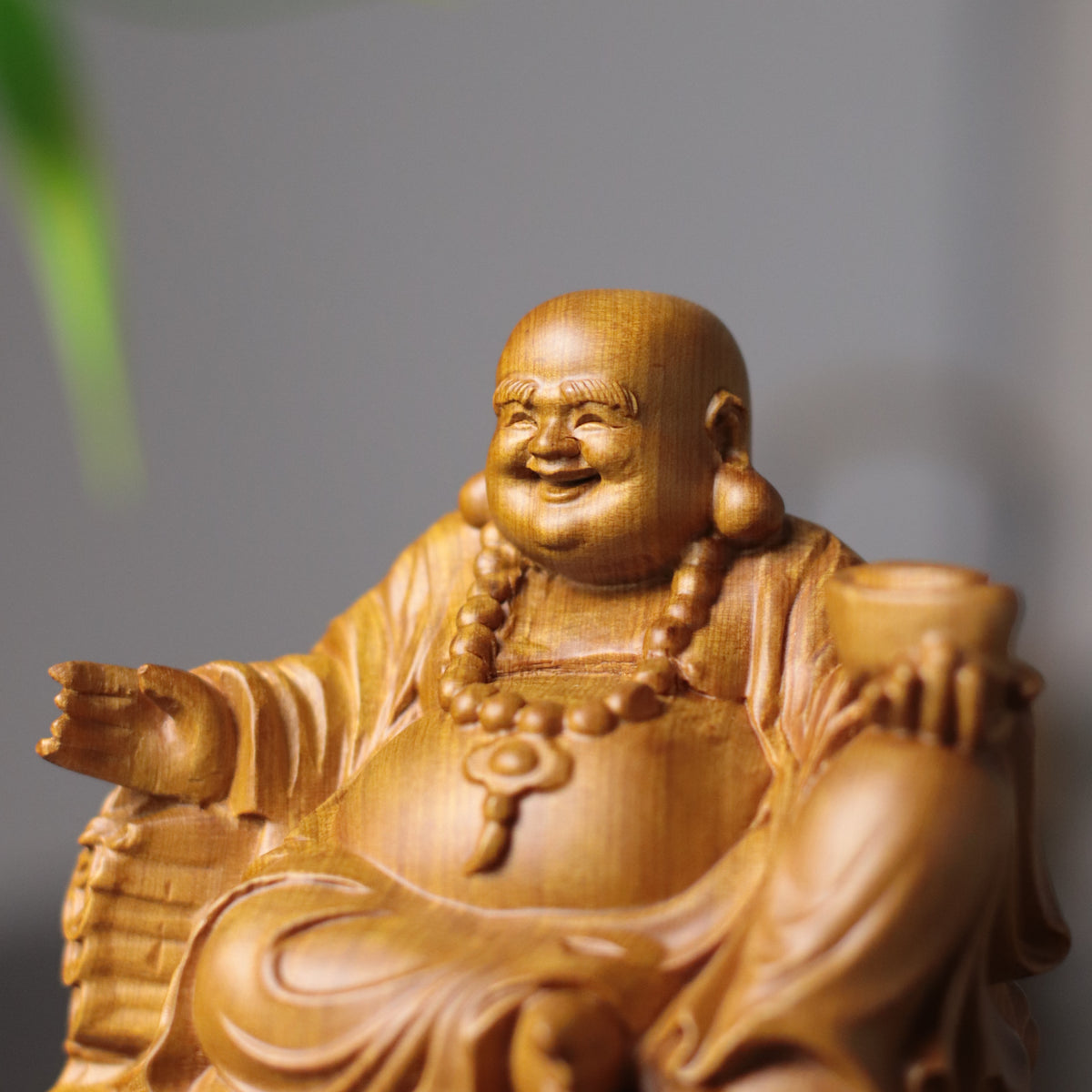 Maitreya Buddha Statue - Cypress Wood, Zen Desk Decor – additional view 2